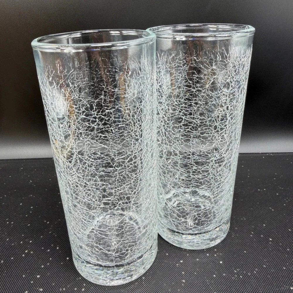 Pier 1 Crackle Glass Highball Tumblers Clear Set of 2 Cups Glasses Cups 6.25in